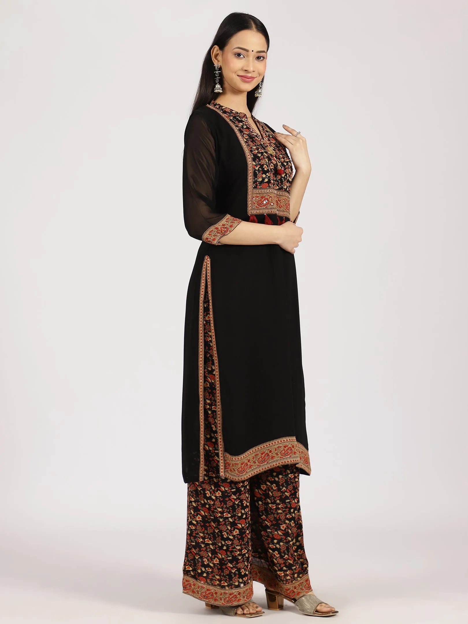 Black Floral Printed Straight Kurta with Palazzo Set