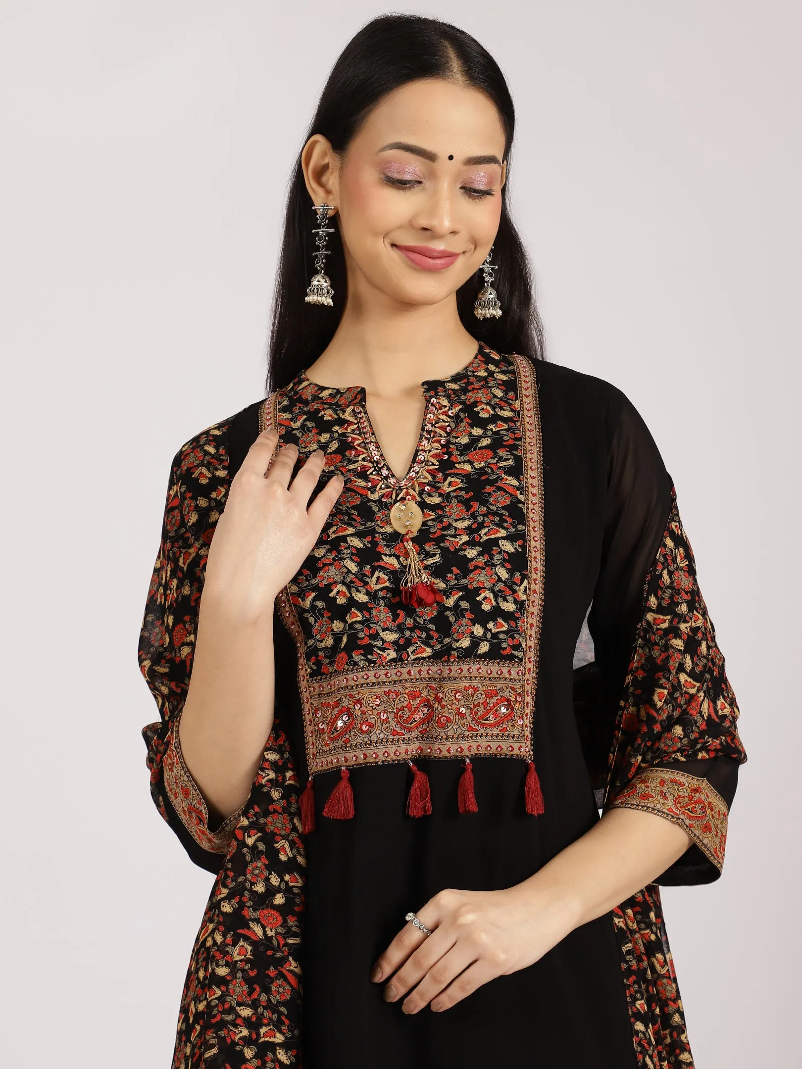 Black Floral Printed Straight Kurta with Palazzo Set
