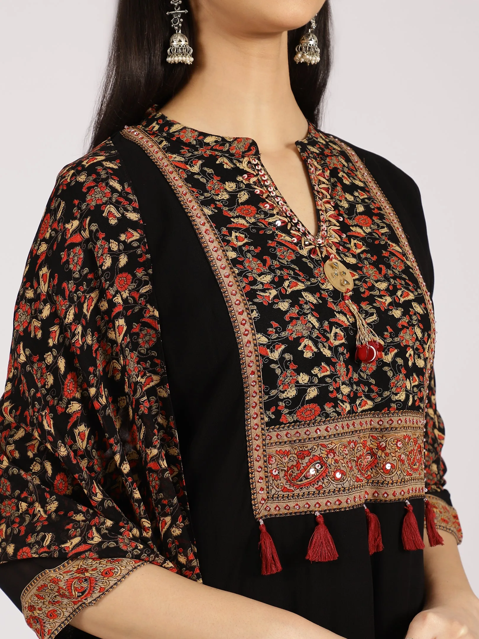 Black Floral Printed Straight Kurta with Palazzo Set