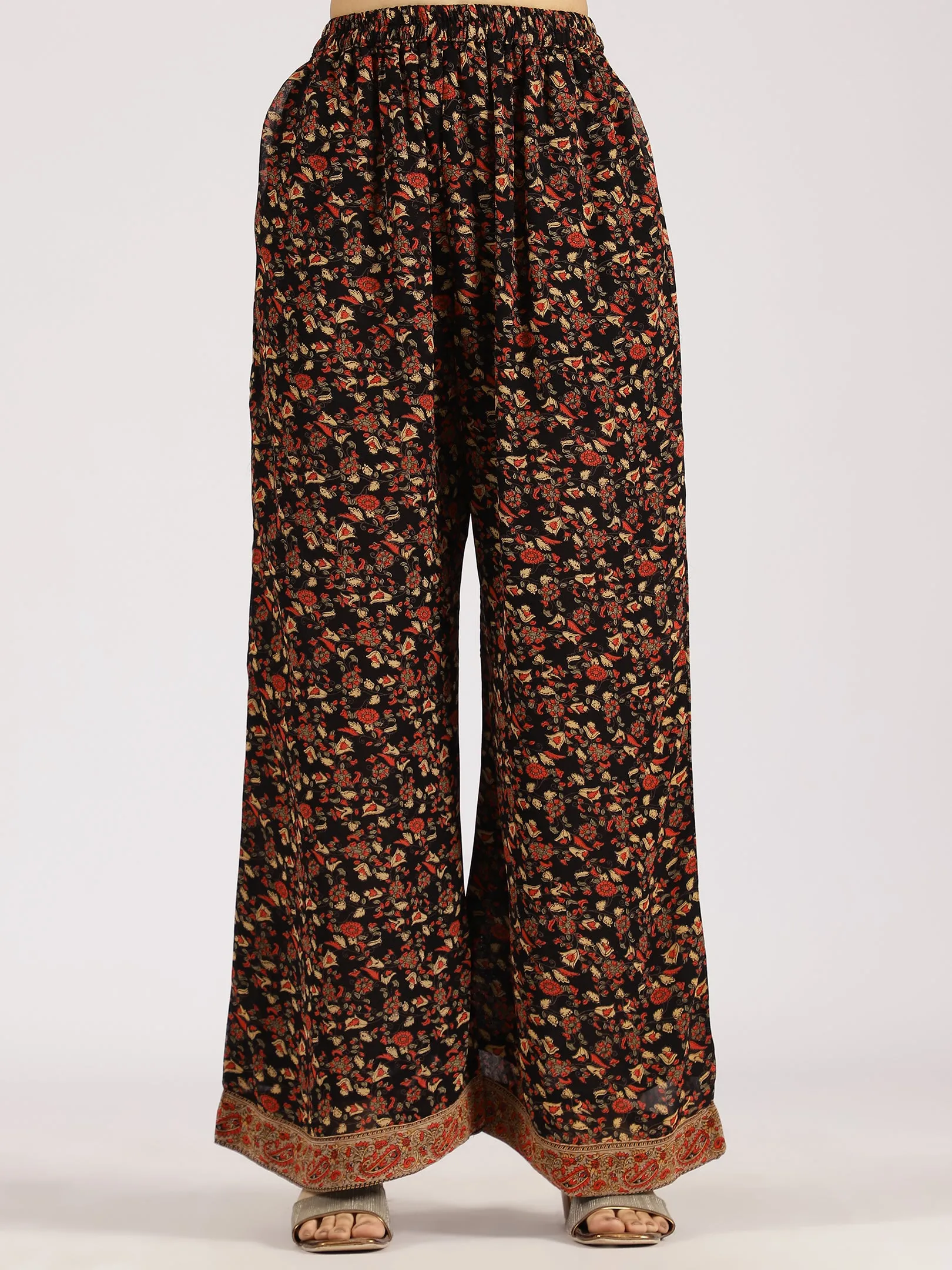Black Floral Printed Straight Kurta with Palazzo Set