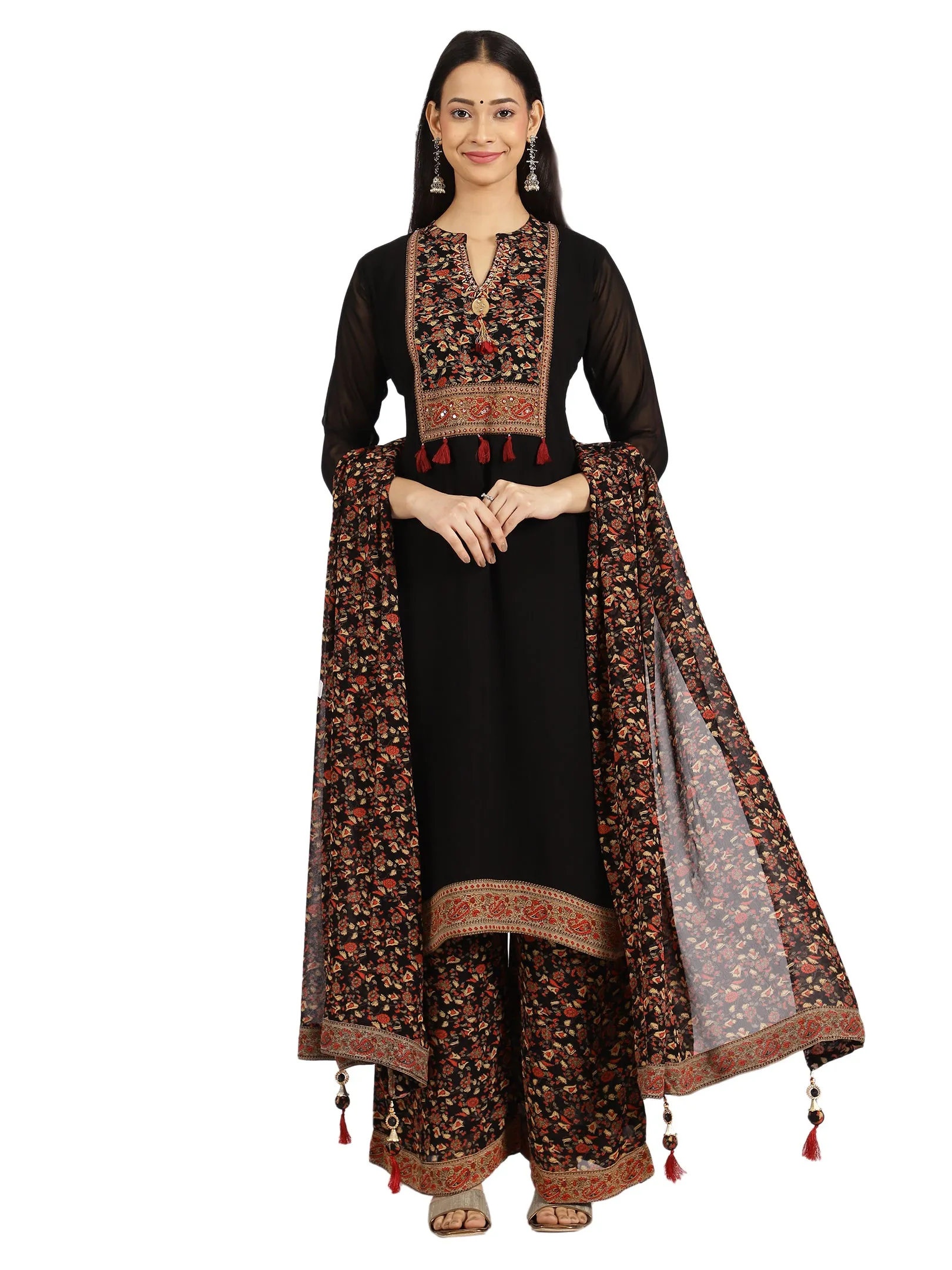 Black Floral Printed Straight Kurta with Palazzo Set