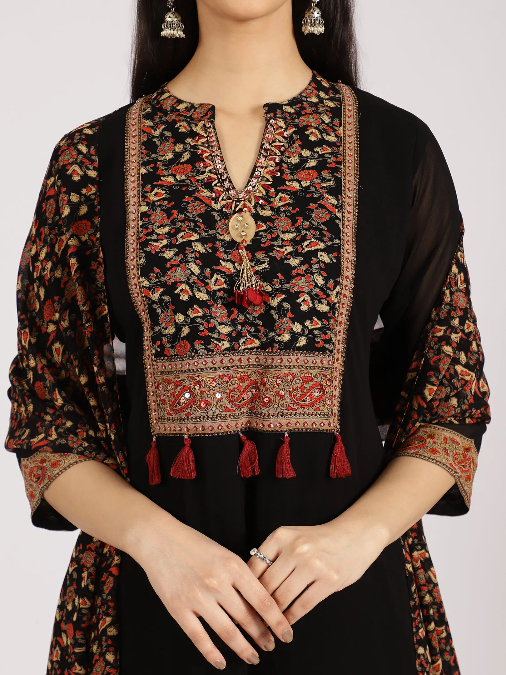 Black Floral Printed Straight Kurta with Palazzo Set