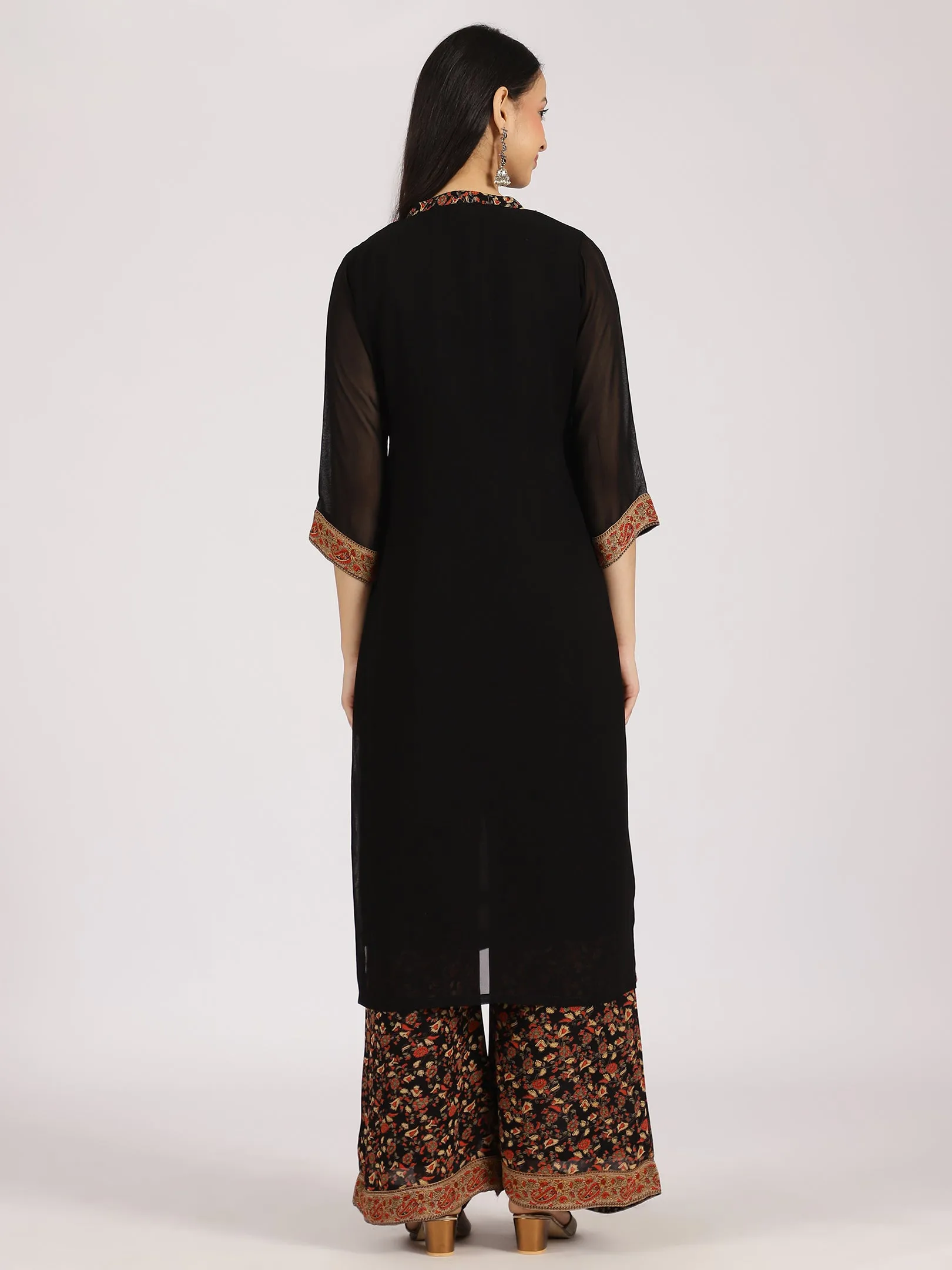 Black Floral Printed Straight Kurta with Palazzo Set