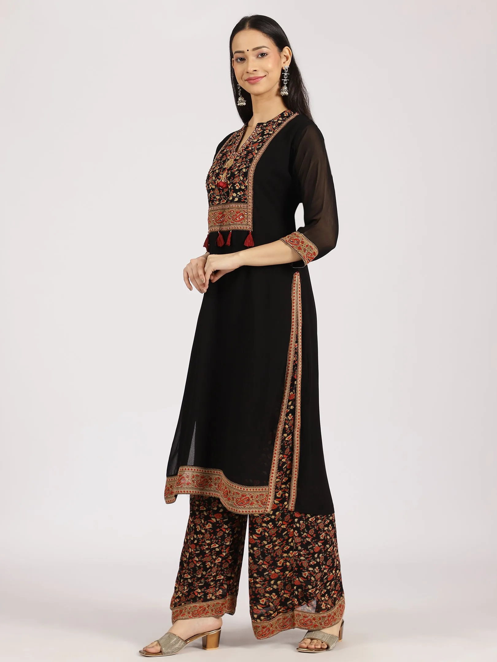 Black Floral Printed Straight Kurta with Palazzo Set