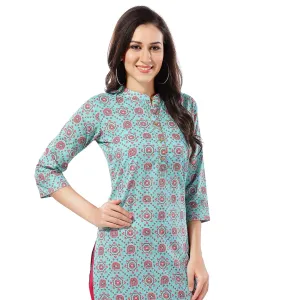 Blue Cotton Printed Long Tunic for Work Wear For Women (D1095)