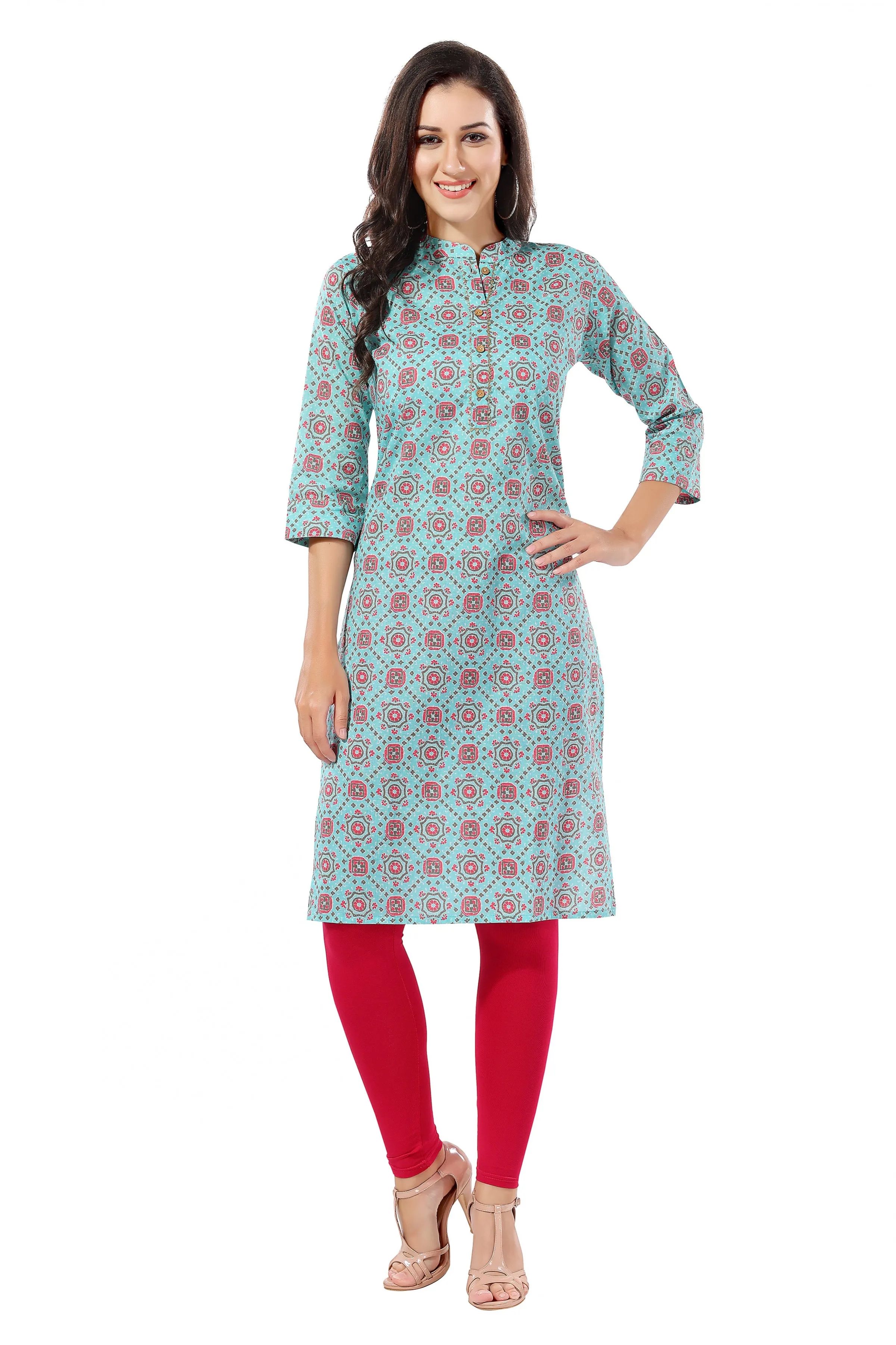 Blue Cotton Printed Long Tunic for Work Wear For Women (D1095)
