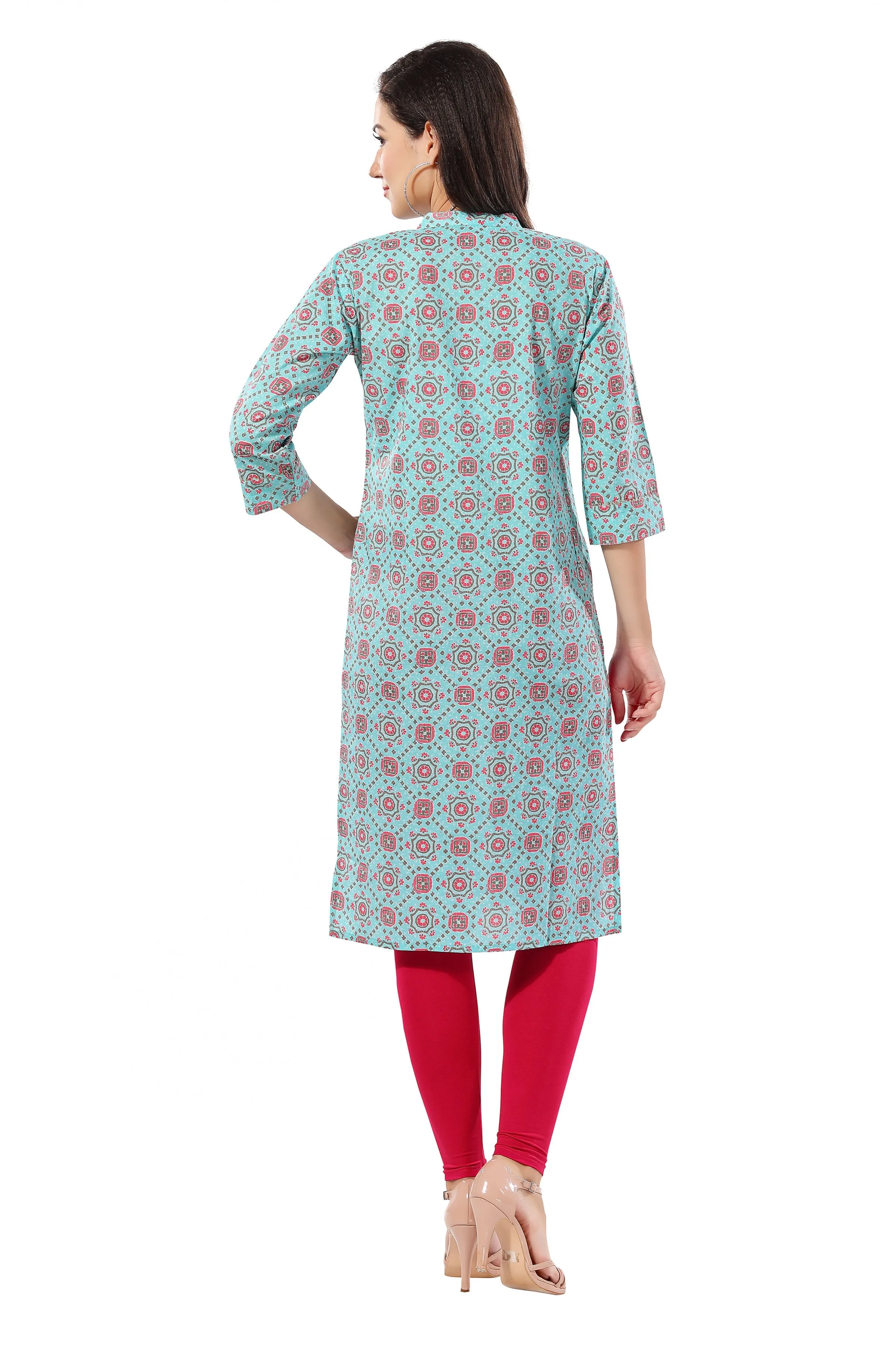 Blue Cotton Printed Long Tunic for Work Wear For Women (D1095)