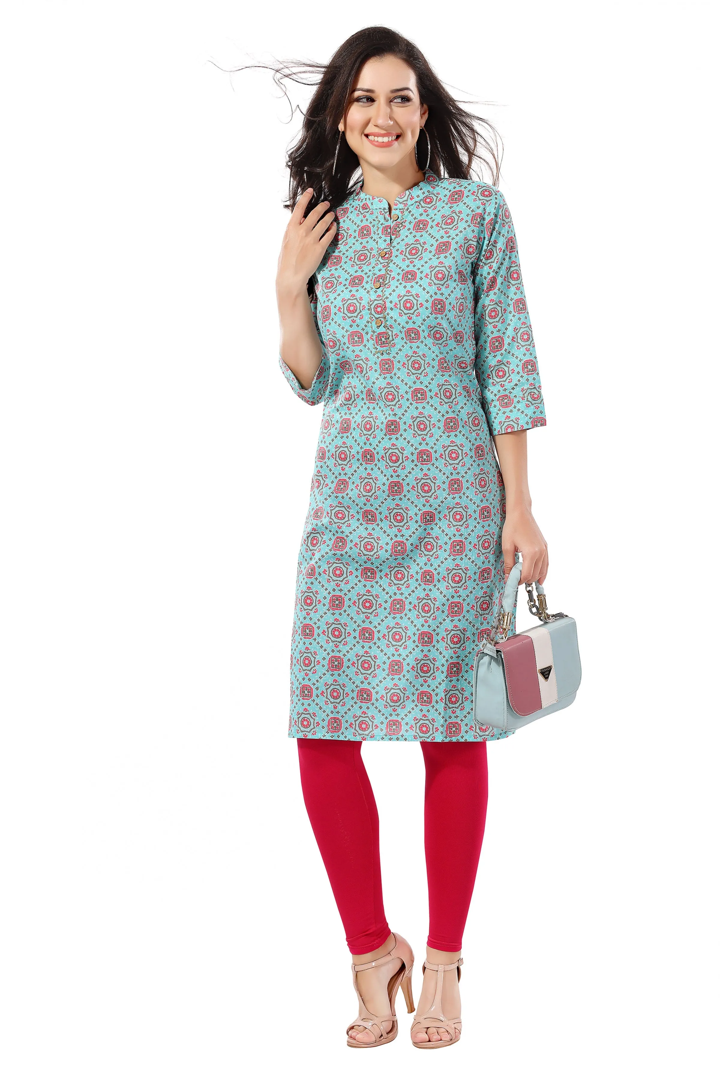 Blue Cotton Printed Long Tunic for Work Wear For Women (D1095)