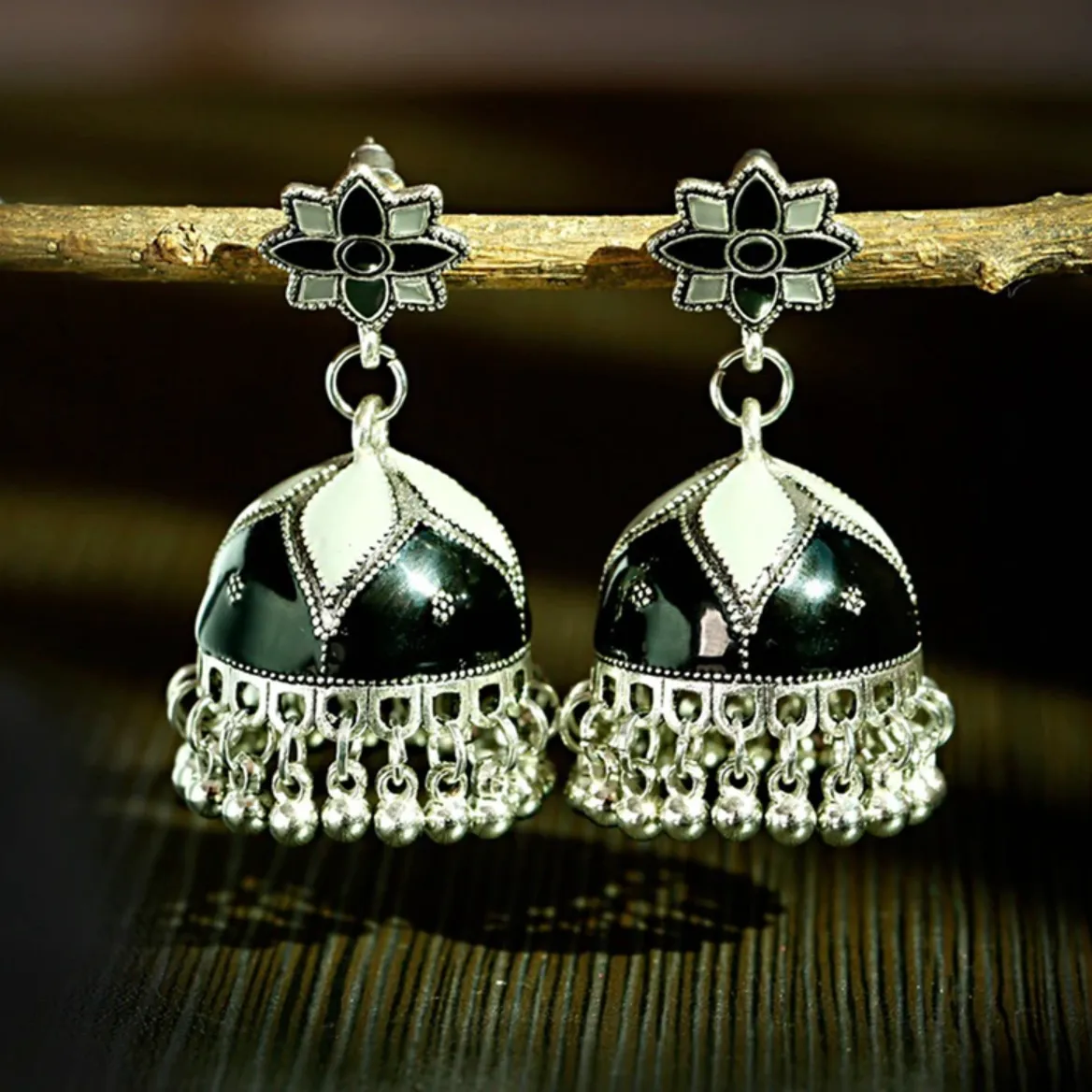 Bohemian Floral Jhumki with Silver Tassels (E905)