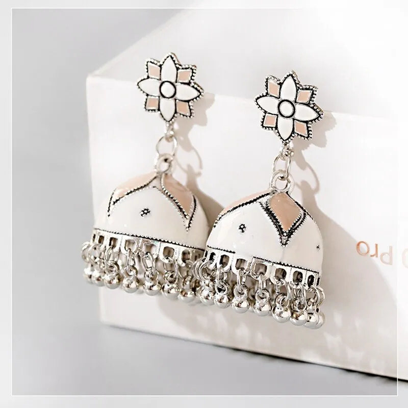 Bohemian Floral Jhumki with Silver Tassels (E905)