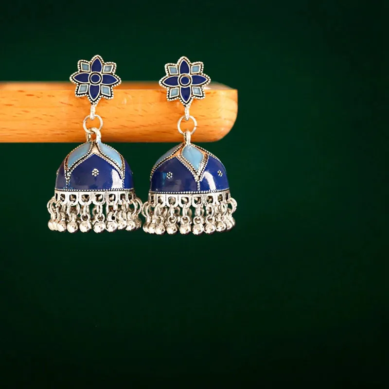 Bohemian Floral Jhumki with Silver Tassels (E905)
