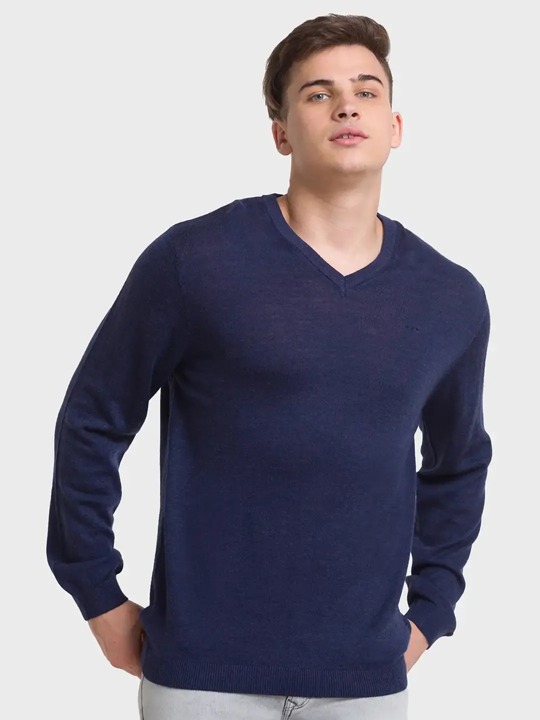 ColorPlus Men Navy Solid Tailored Fit Wool Blend Full Sleeve Sweaters