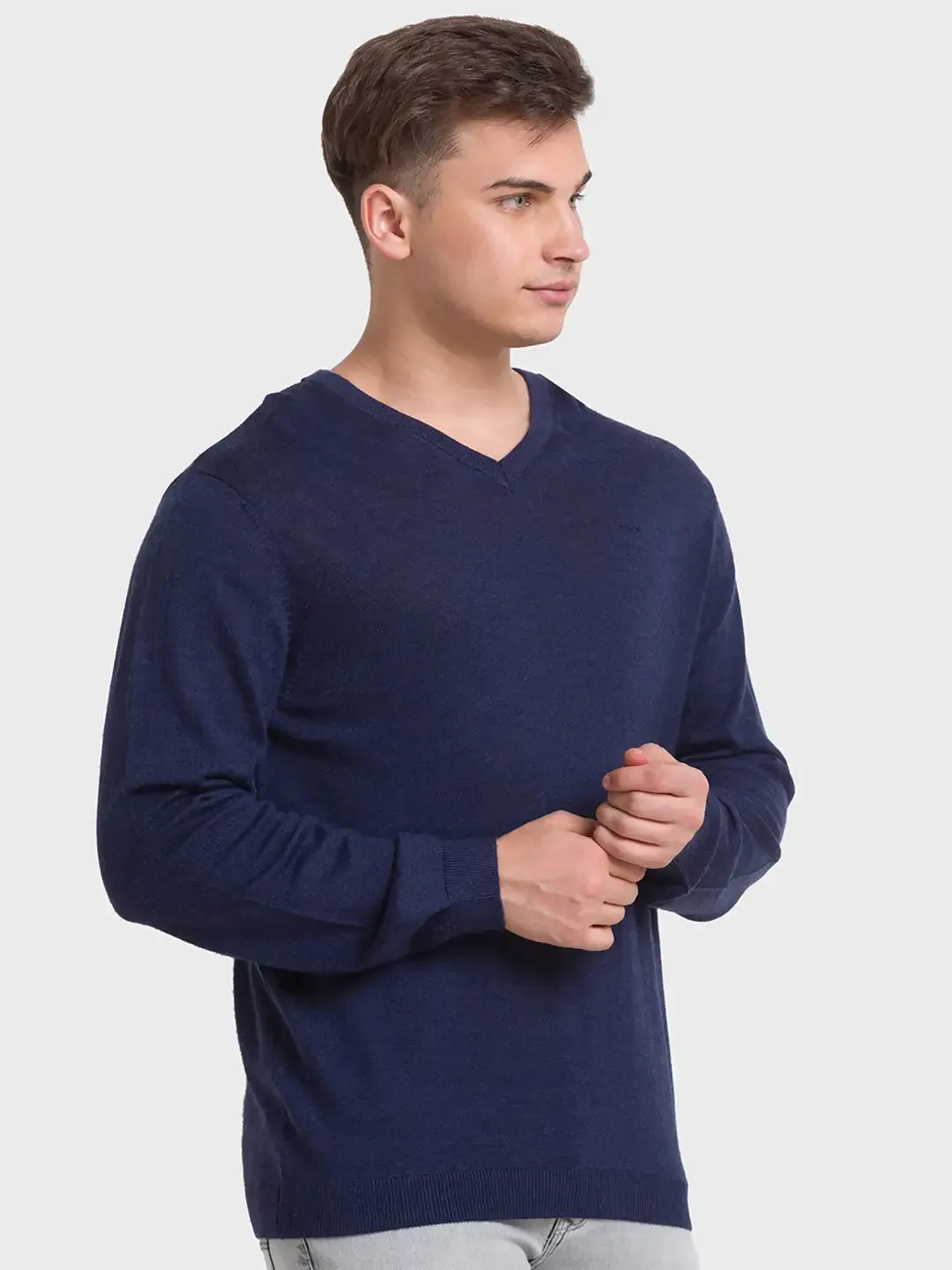 ColorPlus Men Navy Solid Tailored Fit Wool Blend Full Sleeve Sweaters