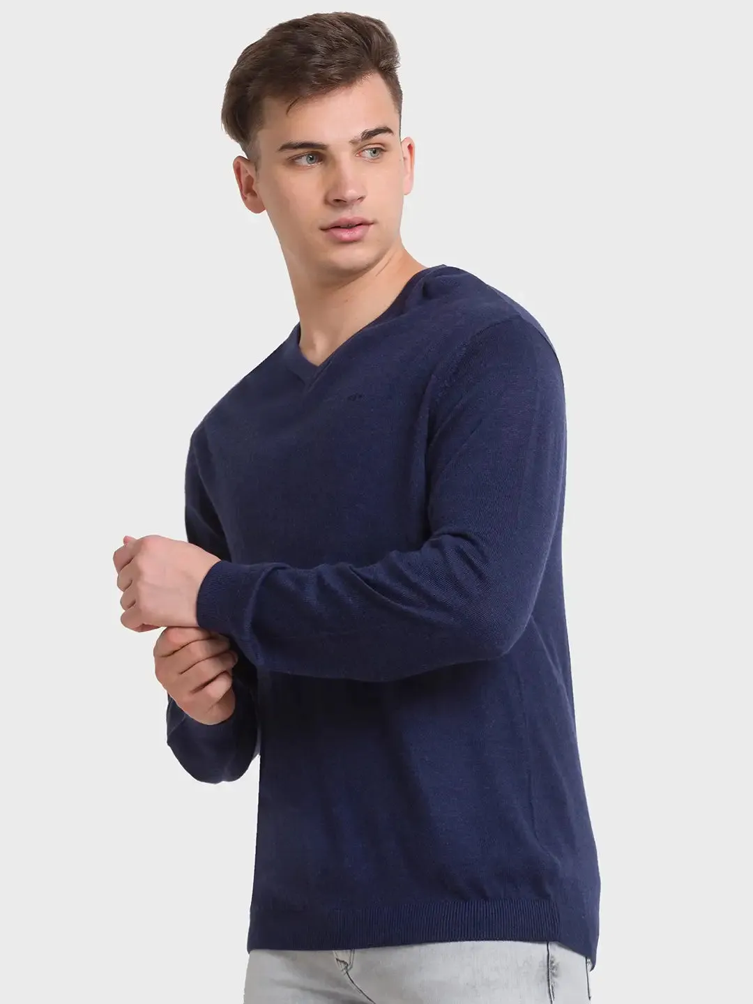 ColorPlus Men Navy Solid Tailored Fit Wool Blend Full Sleeve Sweaters