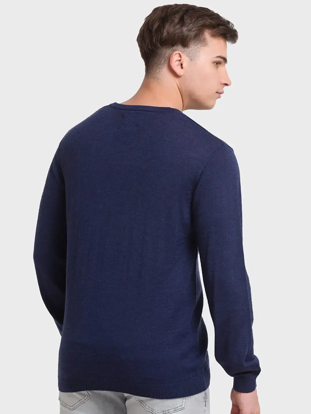 ColorPlus Men Navy Solid Tailored Fit Wool Blend Full Sleeve Sweaters