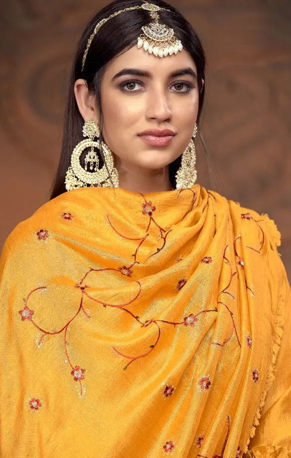 Designer Mustard Yellow Color Embroidery Work Super Silk Readymade Suit With Pant (D898)