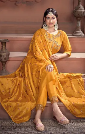 Designer Mustard Yellow Color Embroidery Work Super Silk Readymade Suit With Pant (D898)
