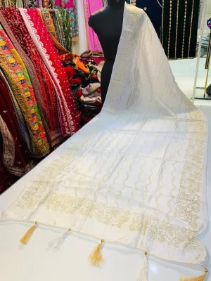 Elegant White Color Silk Embellished with Golden Stone Work Dupatta for Women (D218)