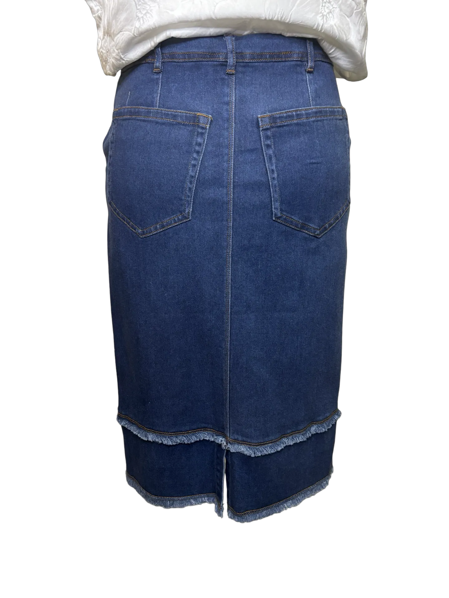 Evelina Fringed Denim Pencil Skirt