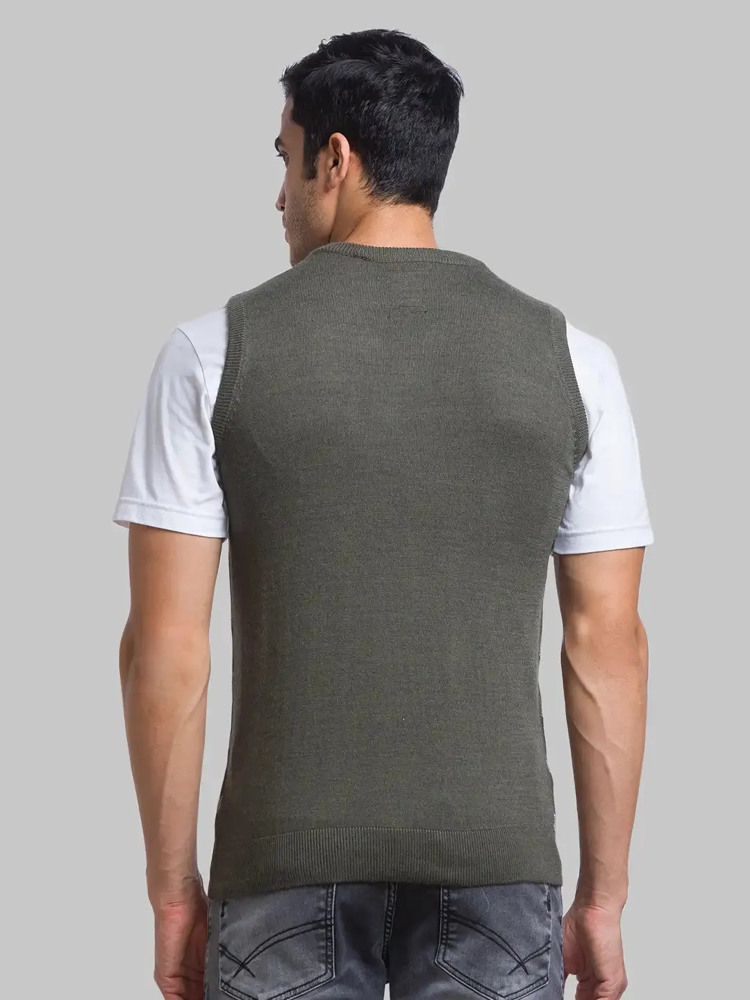 Men Green Jacquard Acrylic Blend Sleeveless Sweaters