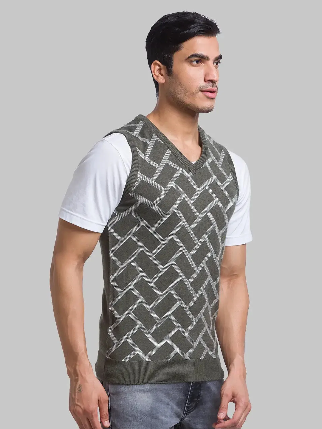 Men Green Jacquard Acrylic Blend Sleeveless Sweaters