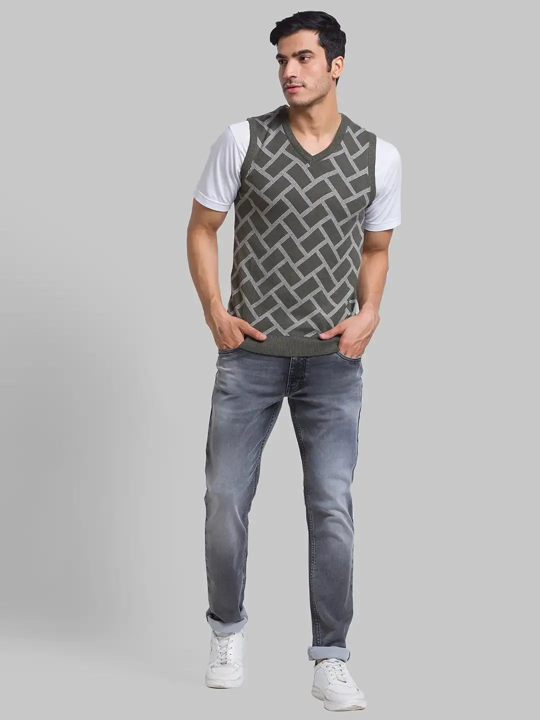 Men Green Jacquard Acrylic Blend Sleeveless Sweaters