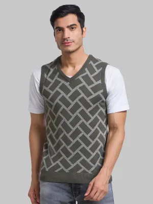 Men Green Jacquard Acrylic Blend Sleeveless Sweaters