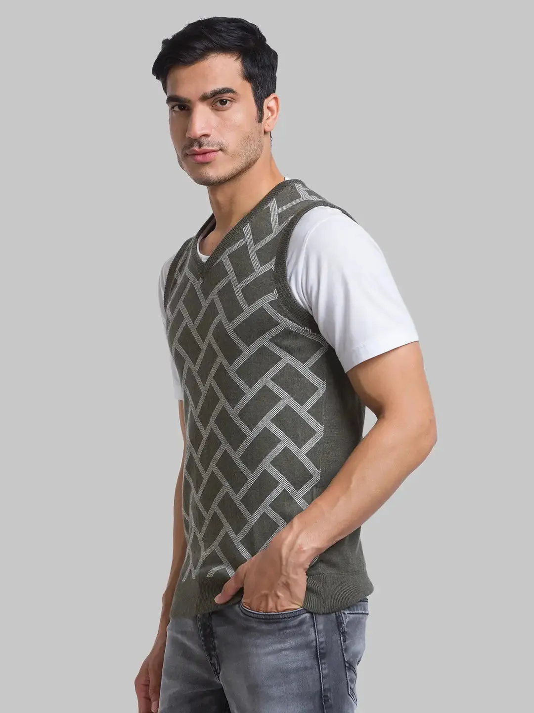 Men Green Jacquard Acrylic Blend Sleeveless Sweaters