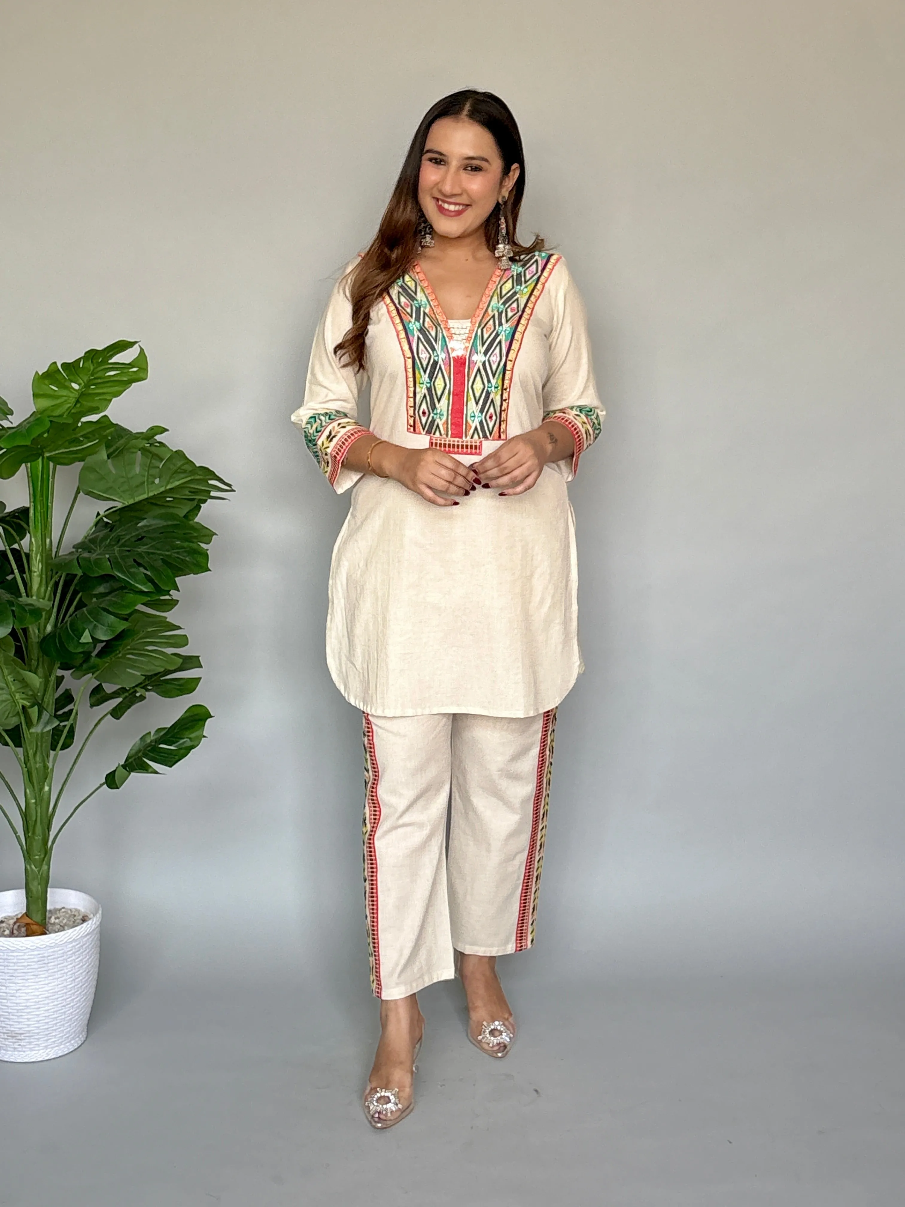 Off White Embroidered Cord Set