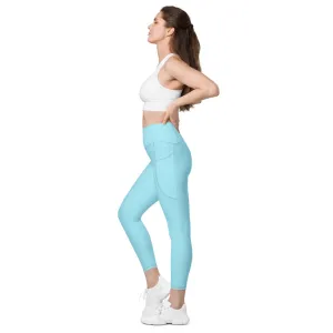 Pale Blue Women's Tights, Solid Color Best Yoga Pants With 2 Side Deep Long Pockets - Made in USA/EU/MX (US Size: 2XS-6XL)