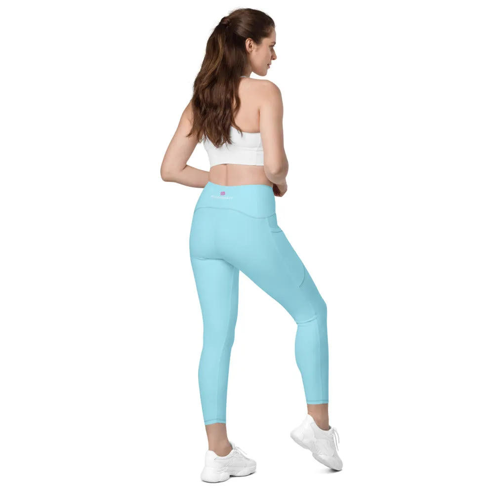 Pale Blue Women's Tights, Solid Color Best Yoga Pants With 2 Side Deep Long Pockets - Made in USA/EU/MX (US Size: 2XS-6XL)