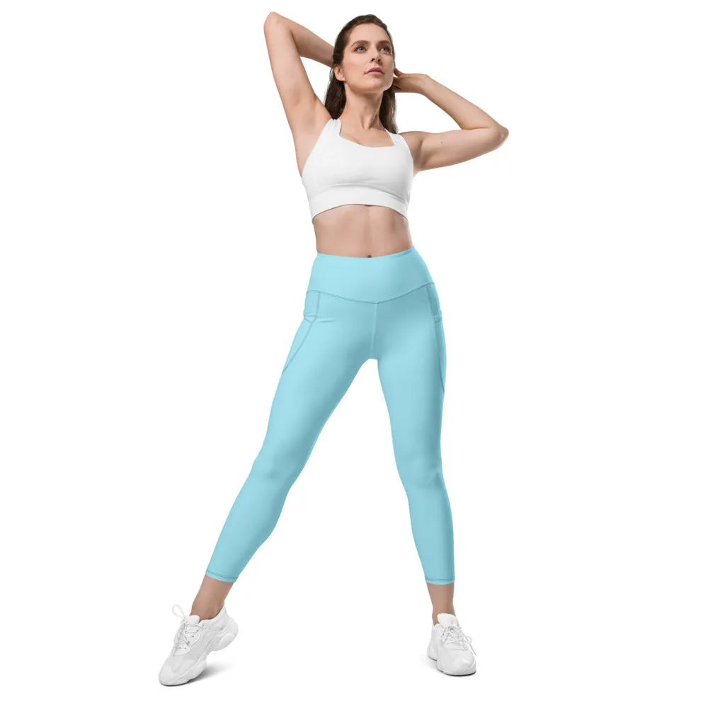 Pale Blue Women's Tights, Solid Color Best Yoga Pants With 2 Side Deep Long Pockets - Made in USA/EU/MX (US Size: 2XS-6XL)
