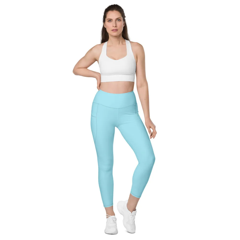 Pale Blue Women's Tights, Solid Color Best Yoga Pants With 2 Side Deep Long Pockets - Made in USA/EU/MX (US Size: 2XS-6XL)