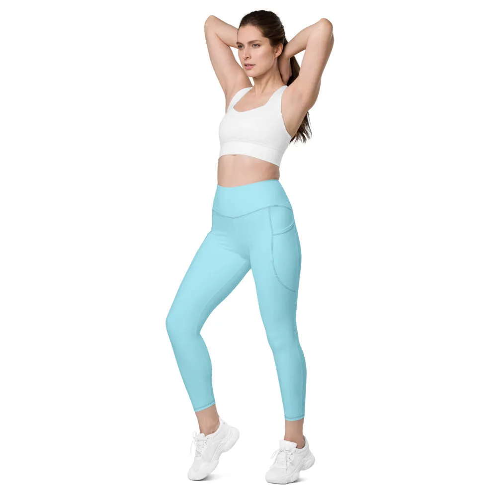 Pale Blue Women's Tights, Solid Color Best Yoga Pants With 2 Side Deep Long Pockets - Made in USA/EU/MX (US Size: 2XS-6XL)