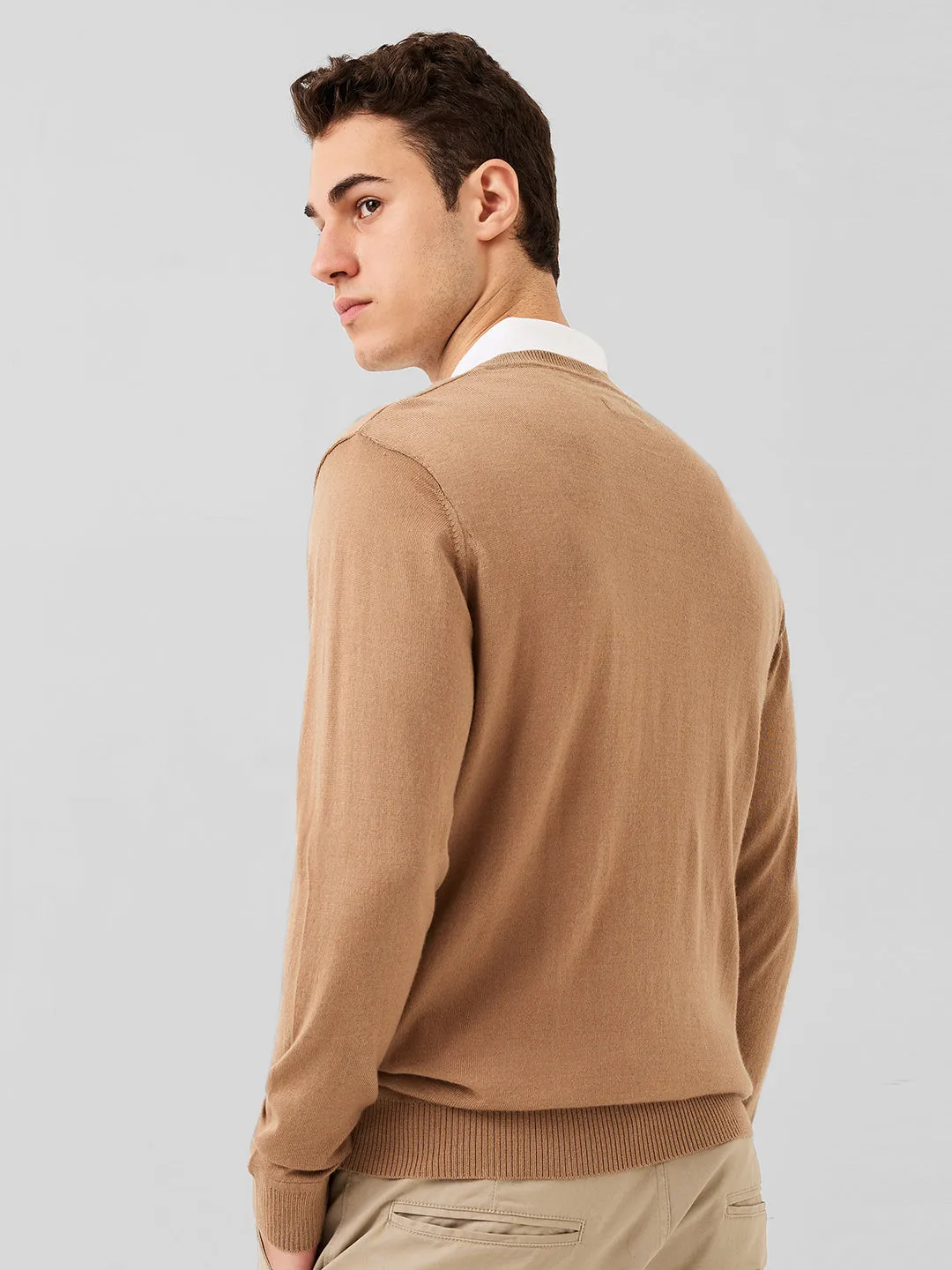 Raymond Men Brown Solid Wool Blend Sweaters