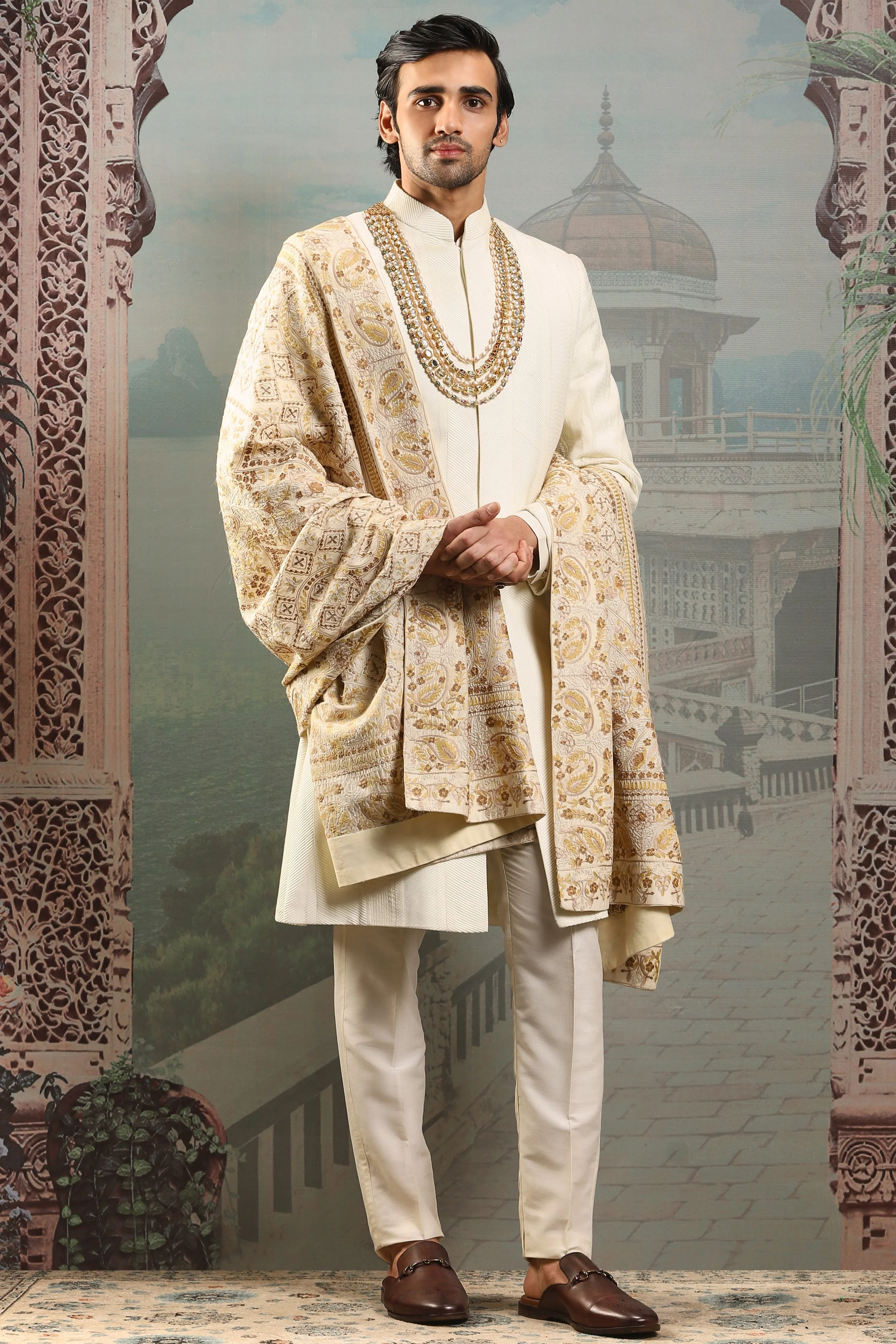 Seher Gold Silk Embroidered Stole