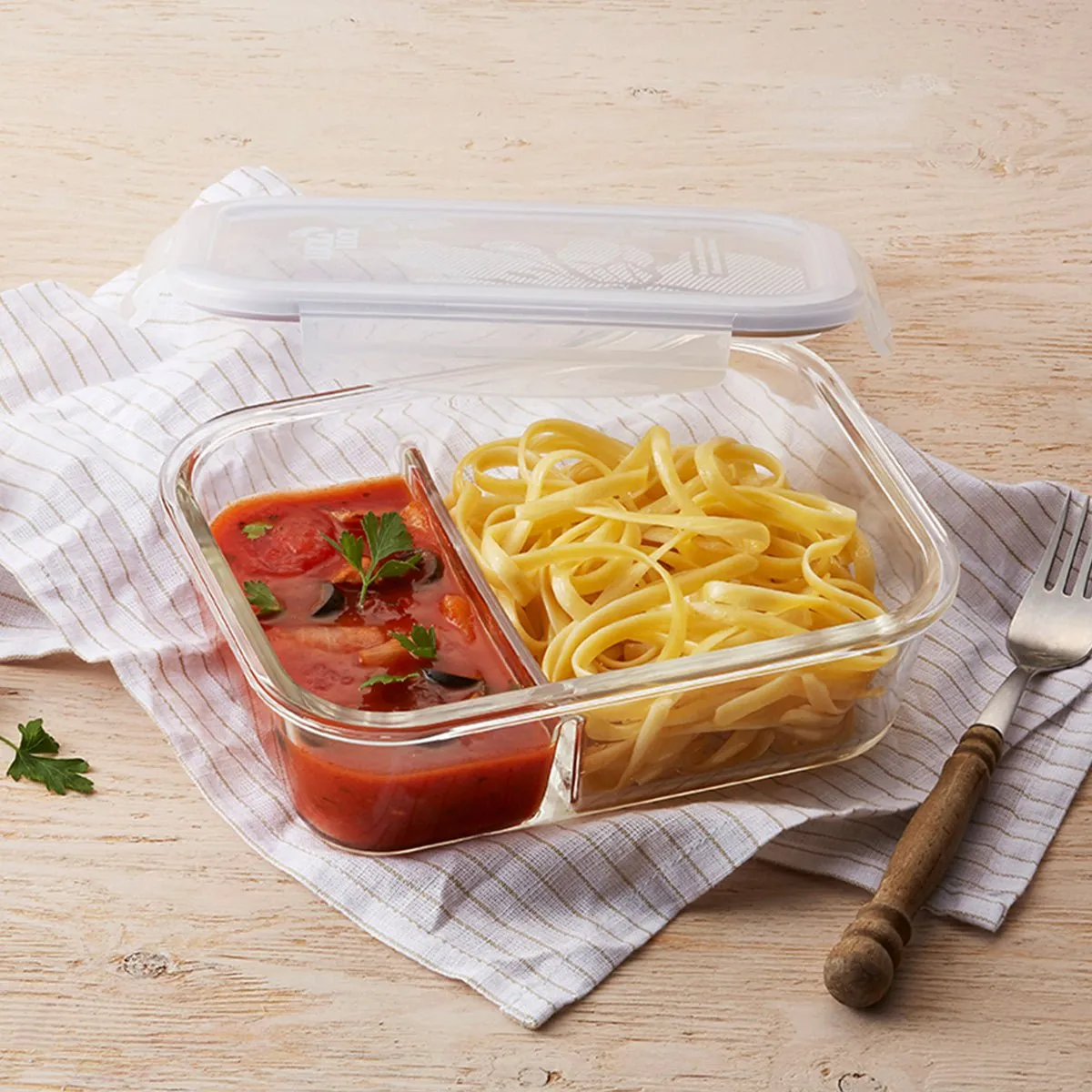Two Compartment 930ml Microwave Oven Safe Navy Glass Lunch Box With Cutlery - Your Convenient and Durable Meal Companion