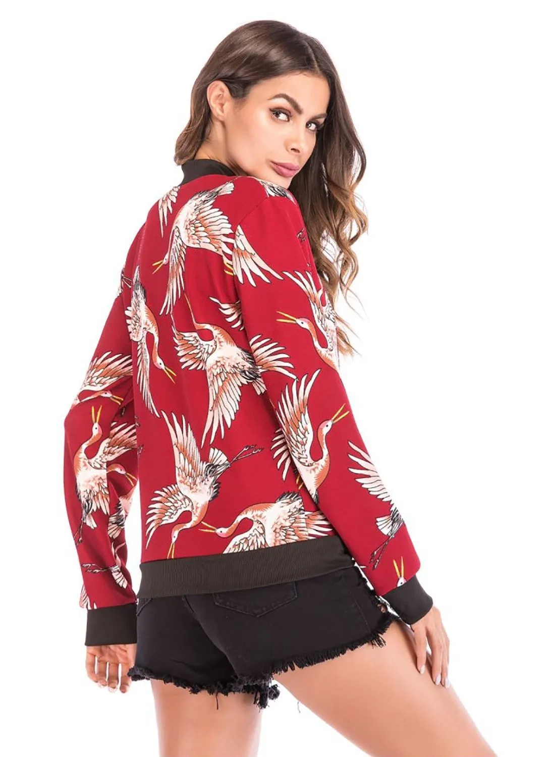 Women Casual Crane Print Fall Baseball Jackect