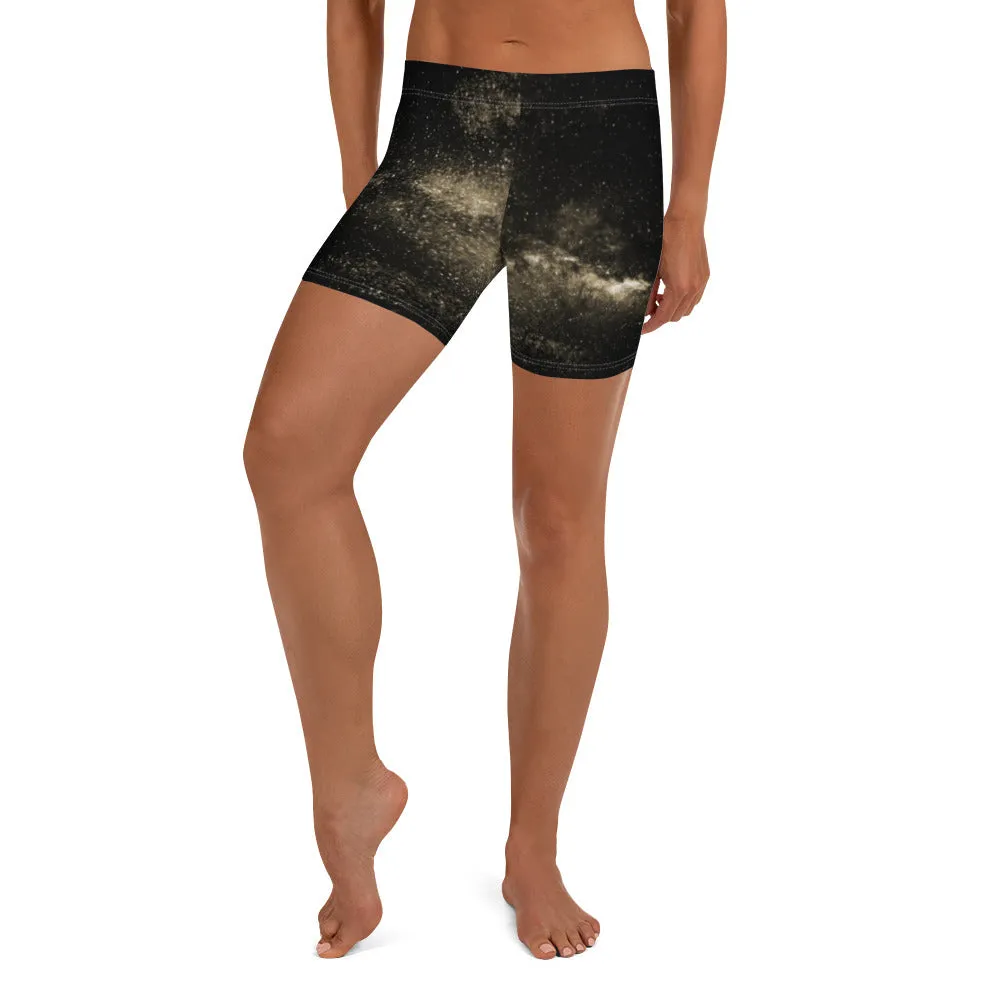 Yellow Galaxy Women's Shorts, Space Milky Way Astrology Gym Elastic Shorts-Made in USA/EU